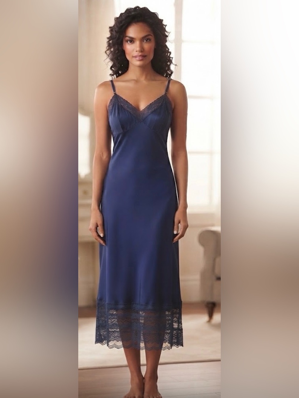 Vintage Vanity Fair Navy Blue Lace Slip Dress Size 38 Midi Lingerie Slip Dress